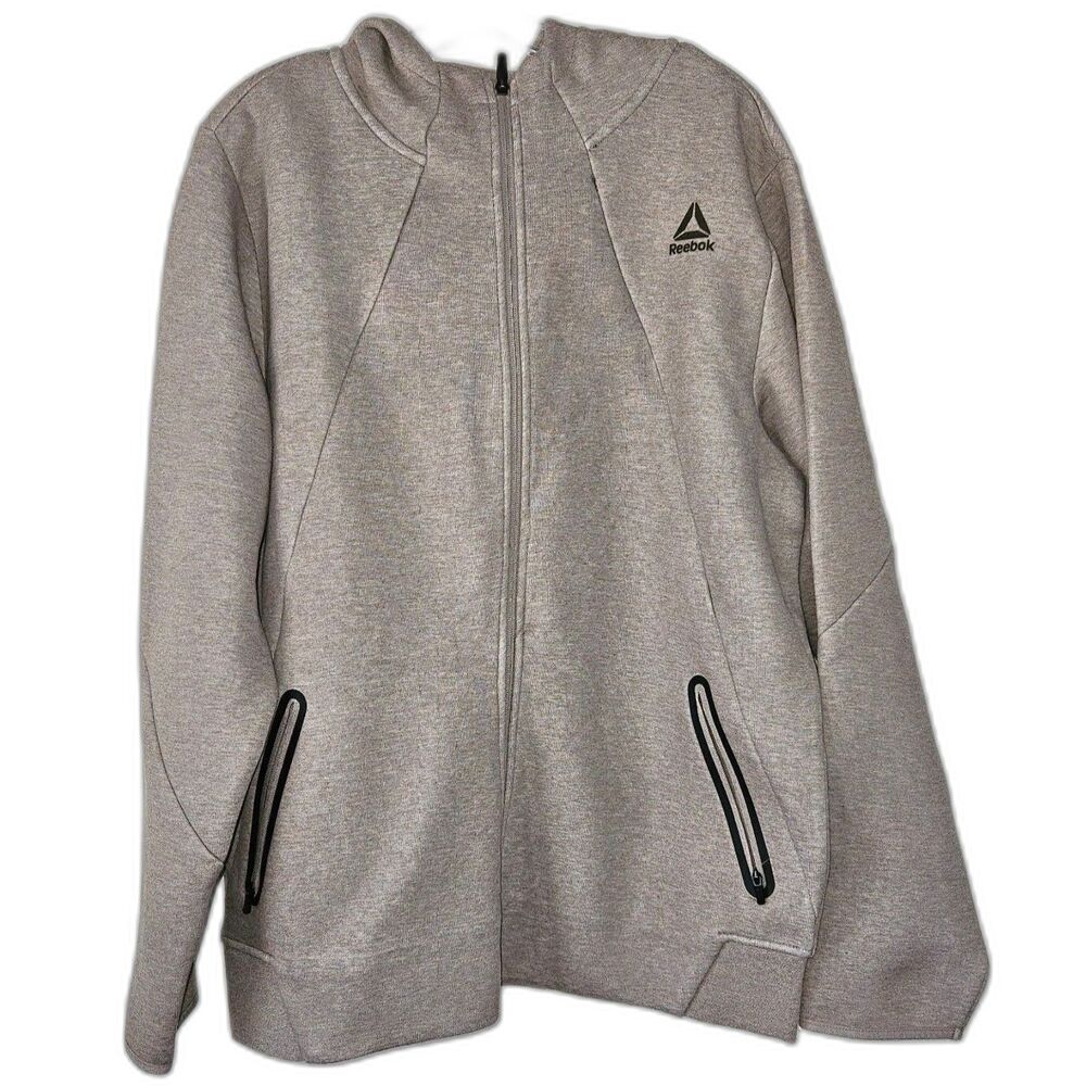 REEBOK Men's Full Zip Light Brown Momentum Fleece Hoodie Large